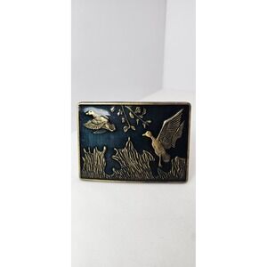 Vintage Duck Hunting Belt Buckle Enamel Flying Ducks Marsh Scene Brass Tone USA‎